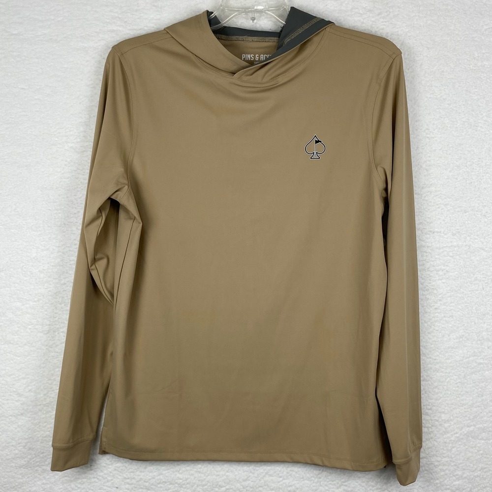 Pins & Aces Mens Tan Khaki Performance Golf‎ Hoodie Small Spade Logo Stretch